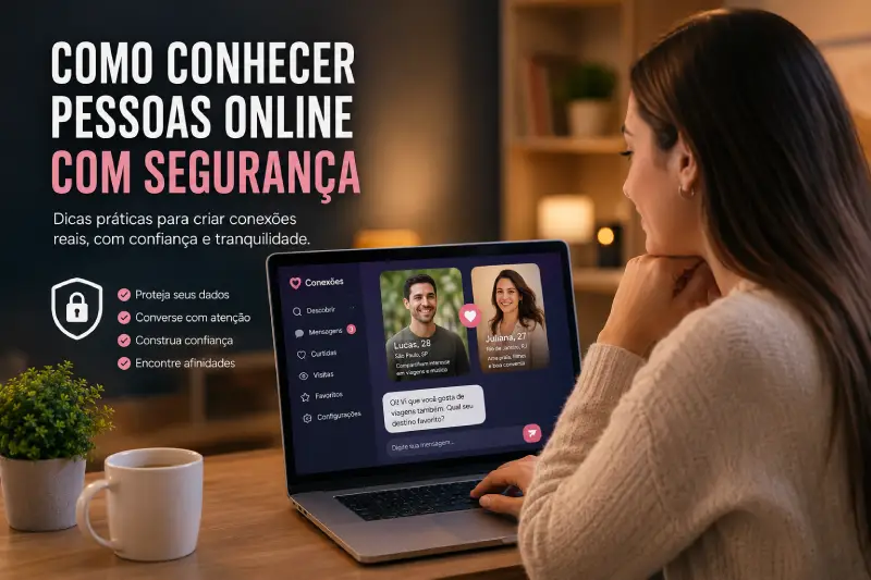 Pessoa utilizando plataforma online para conhecer novas pessoas com segurança