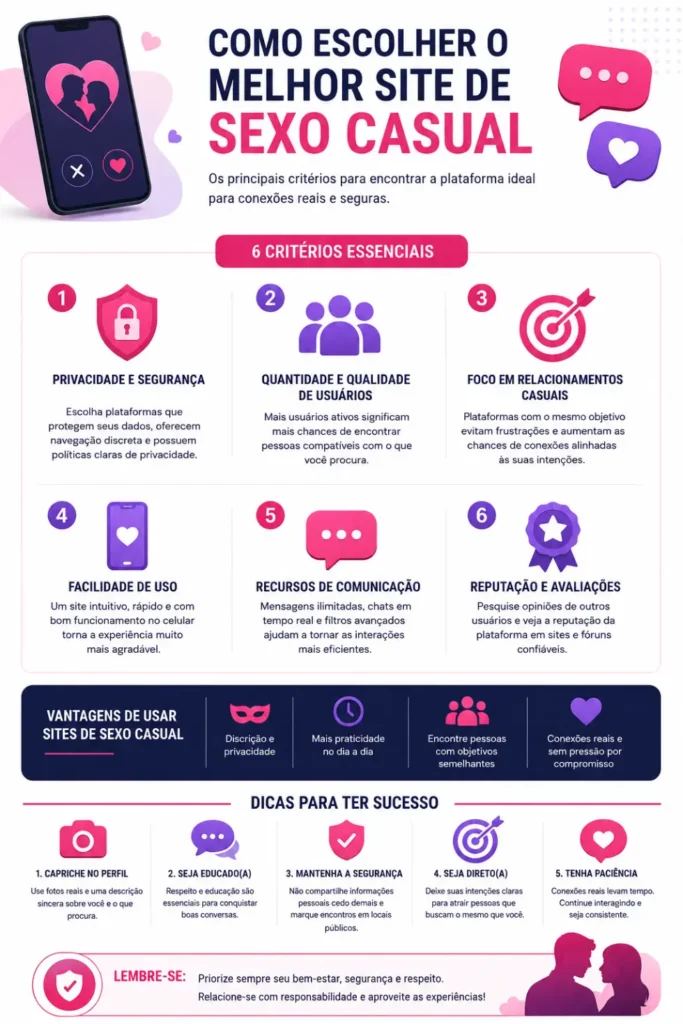 Infográfico mostrando como escolher os melhores sites de sexo casual com critérios de privacidade, segurança, quantidade de usuários, reputação, facilidade de uso e comunicação.